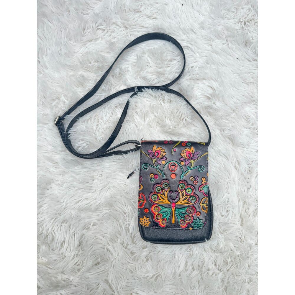 Hand-Tooled Leather Butterfly Floral Crossbody Phone Bag Black Boho